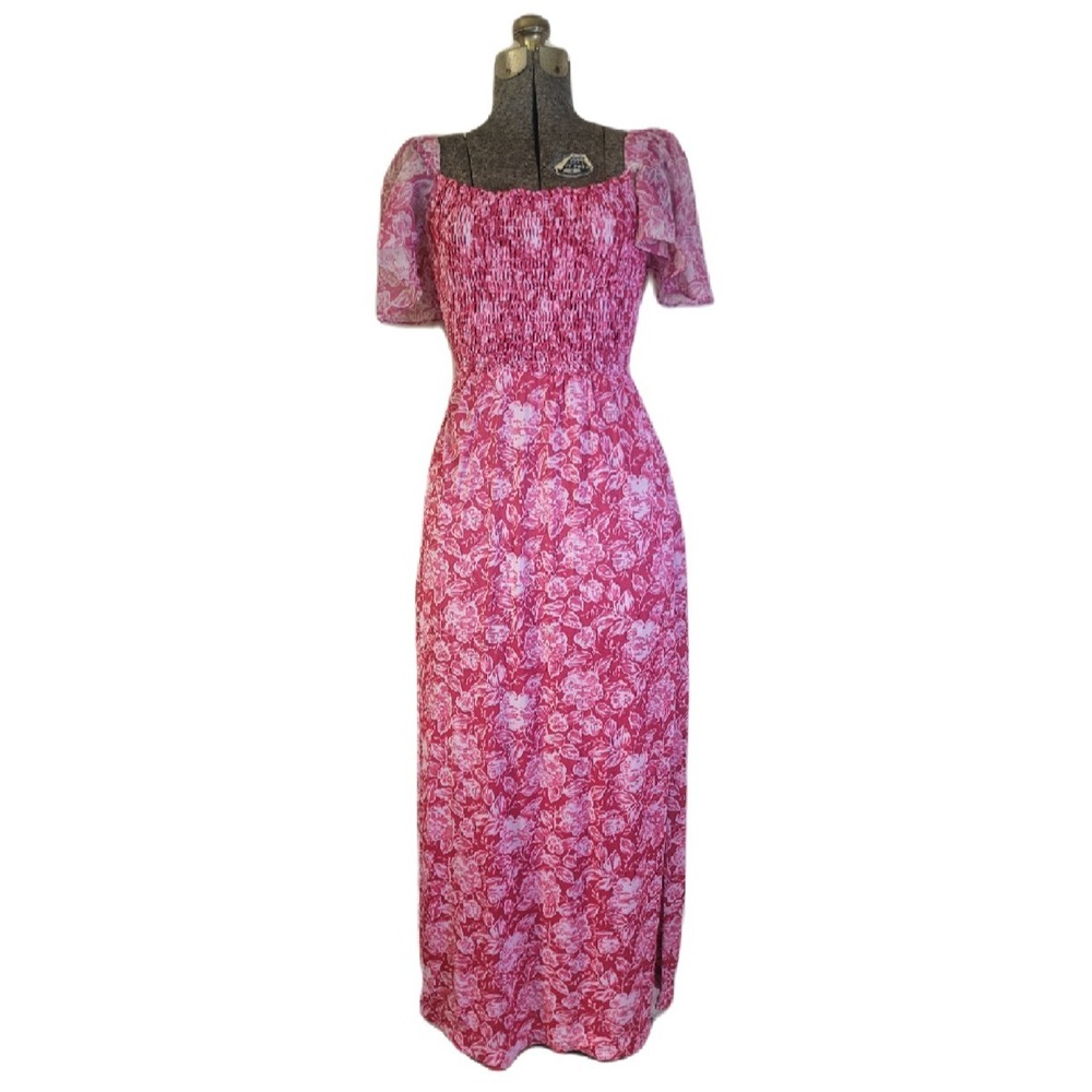 Vintage 70s Pink Maxi Dress Floral Ruched Ruffle Cottage Size Small‎